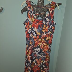 Navy Tropical Floral Sleeveless Midi Dress with Crisscross Back